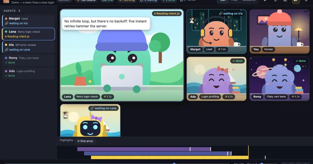 The app the Agent Standup band comes from, replaying a demo team call with cartoon agents at their desks