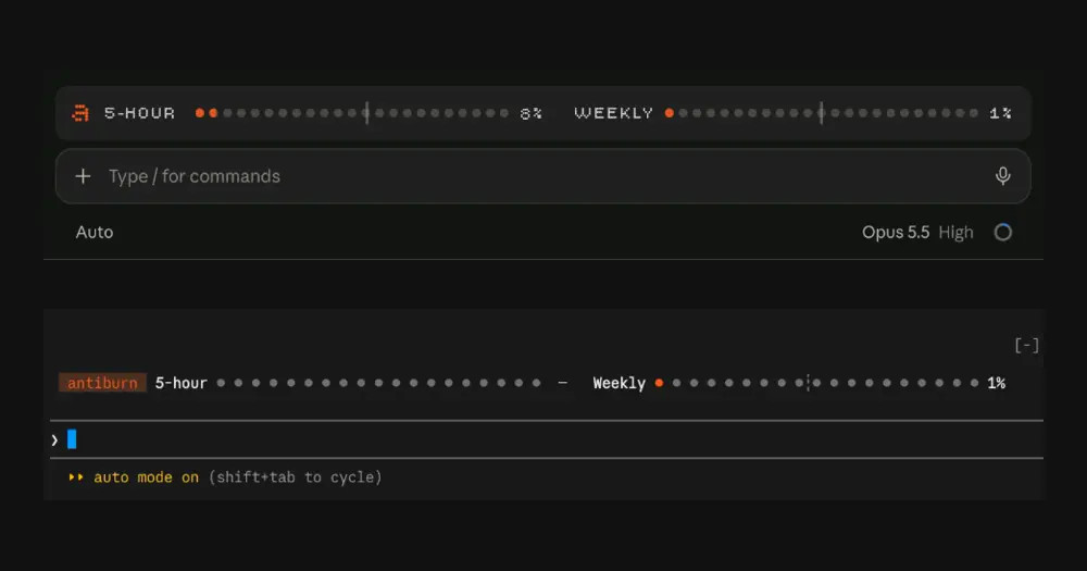 antiburn's 5-hour and weekly usage dots above the prompt, in Claude Desktop (top) and the terminal (bottom)