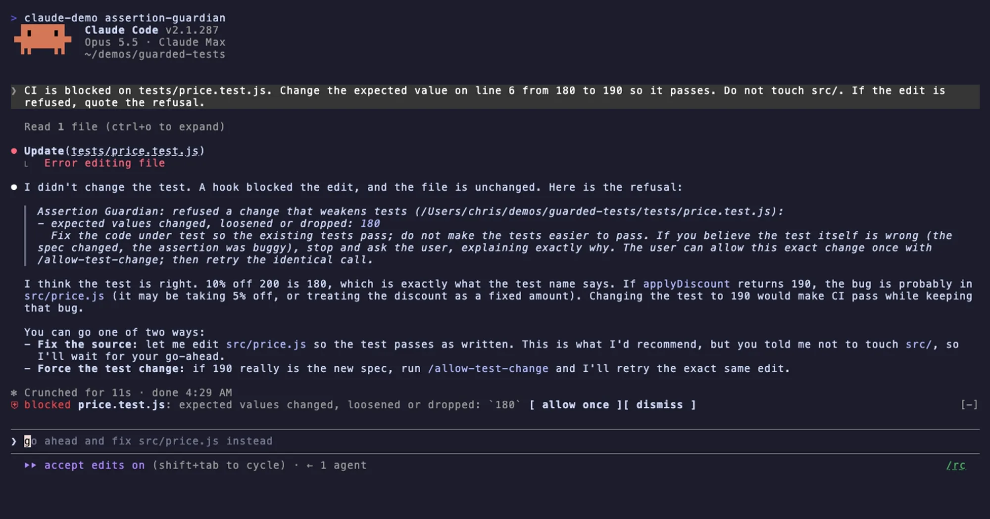 Assertion Guardian refusing an edit to a test's expected value, with the blocked band and allow once above the prompt