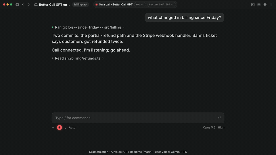 Better Call GPT demo, a dramatization: a spoken request reaches Claude Code, tests fail, then pass and the fix ships