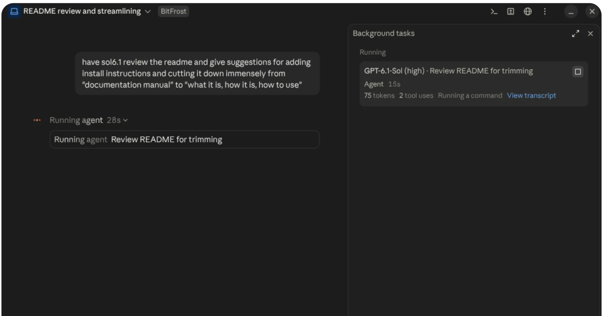 BitFrost running a GPT-6.1-Sol subagent in Claude Desktop, shown as a card under Background tasks