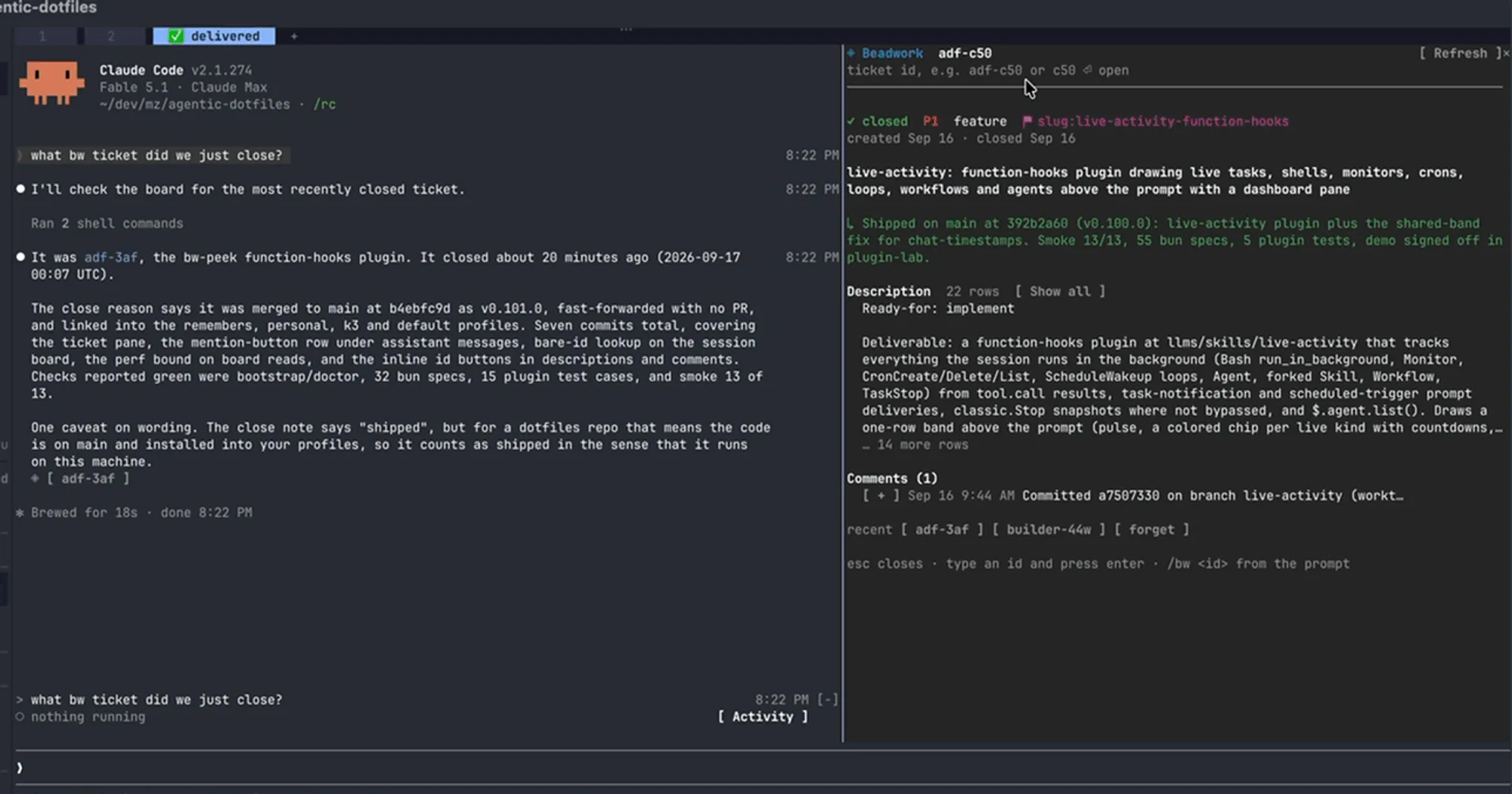 bw-peek pane beside the Claude Code transcript with a Beadwork ticket's digest, title and description