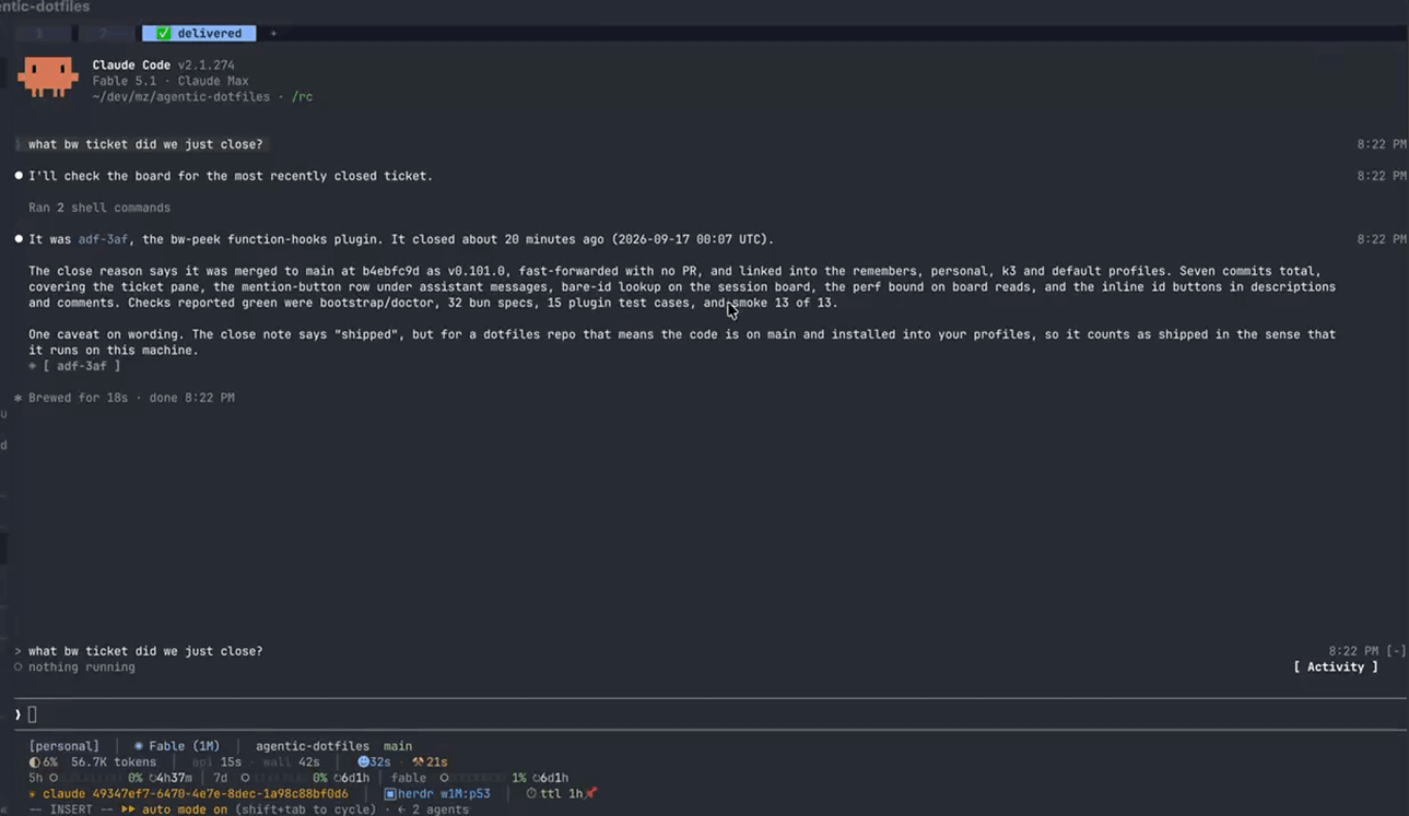 bw-peek drawing ticket buttons under a Claude Code reply and opening one of them in the pane
