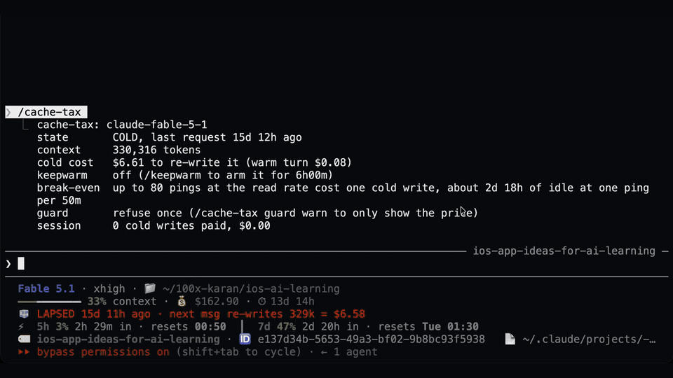 cache-tax stopping a cold send in the author's recording: the refusal names the tokens and the price, the resend goes through and keepwarm arms itself