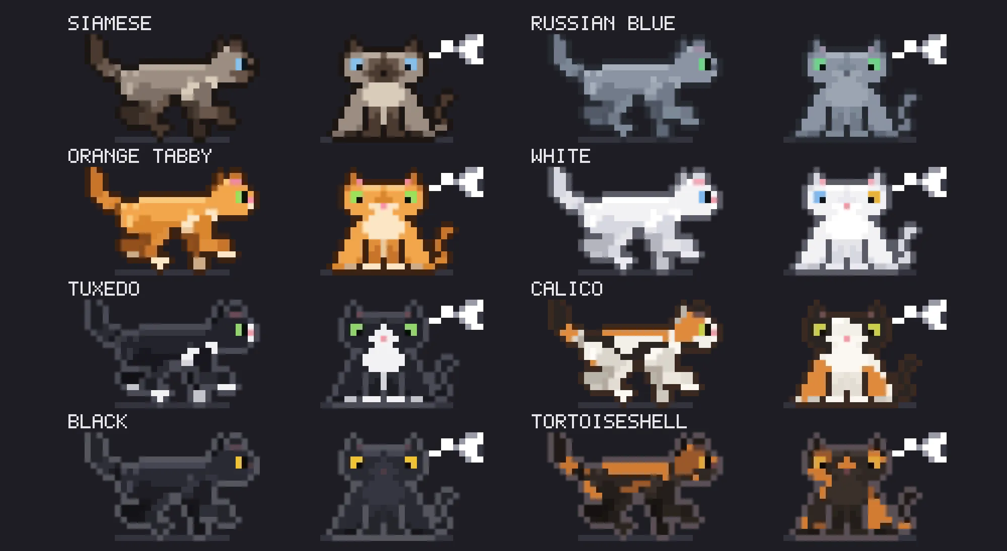 All eight cat-spinner coats, from Siamese to tortoiseshell, each walking and sitting with a thought bubble