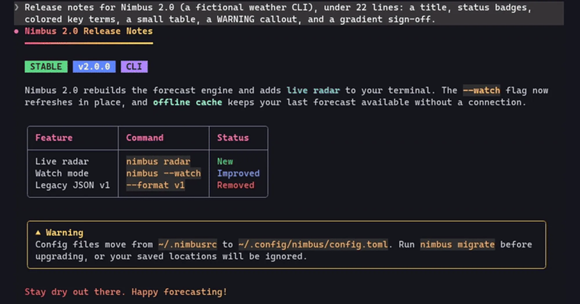 cc-crayon reply in Claude Code: gradient title, colored badges, a boxed table and a yellow warning callout