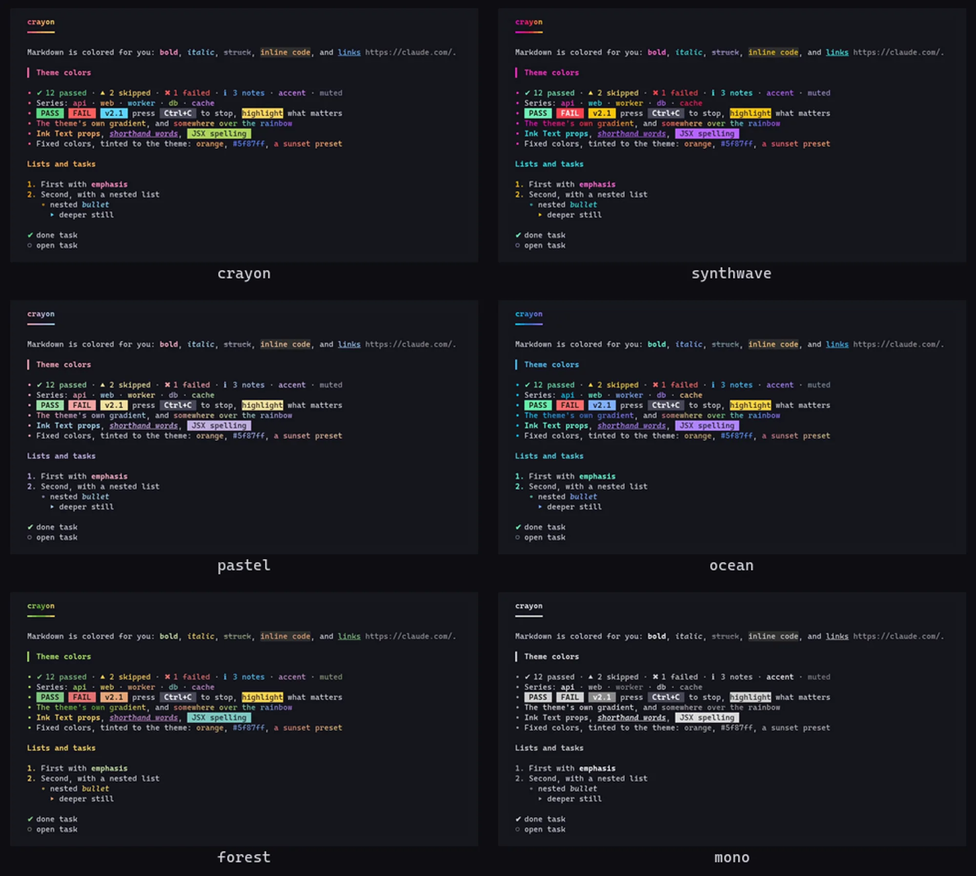 The cc-crayon demo drawn under each of its six themes: crayon, synthwave, pastel, ocean, forest and mono