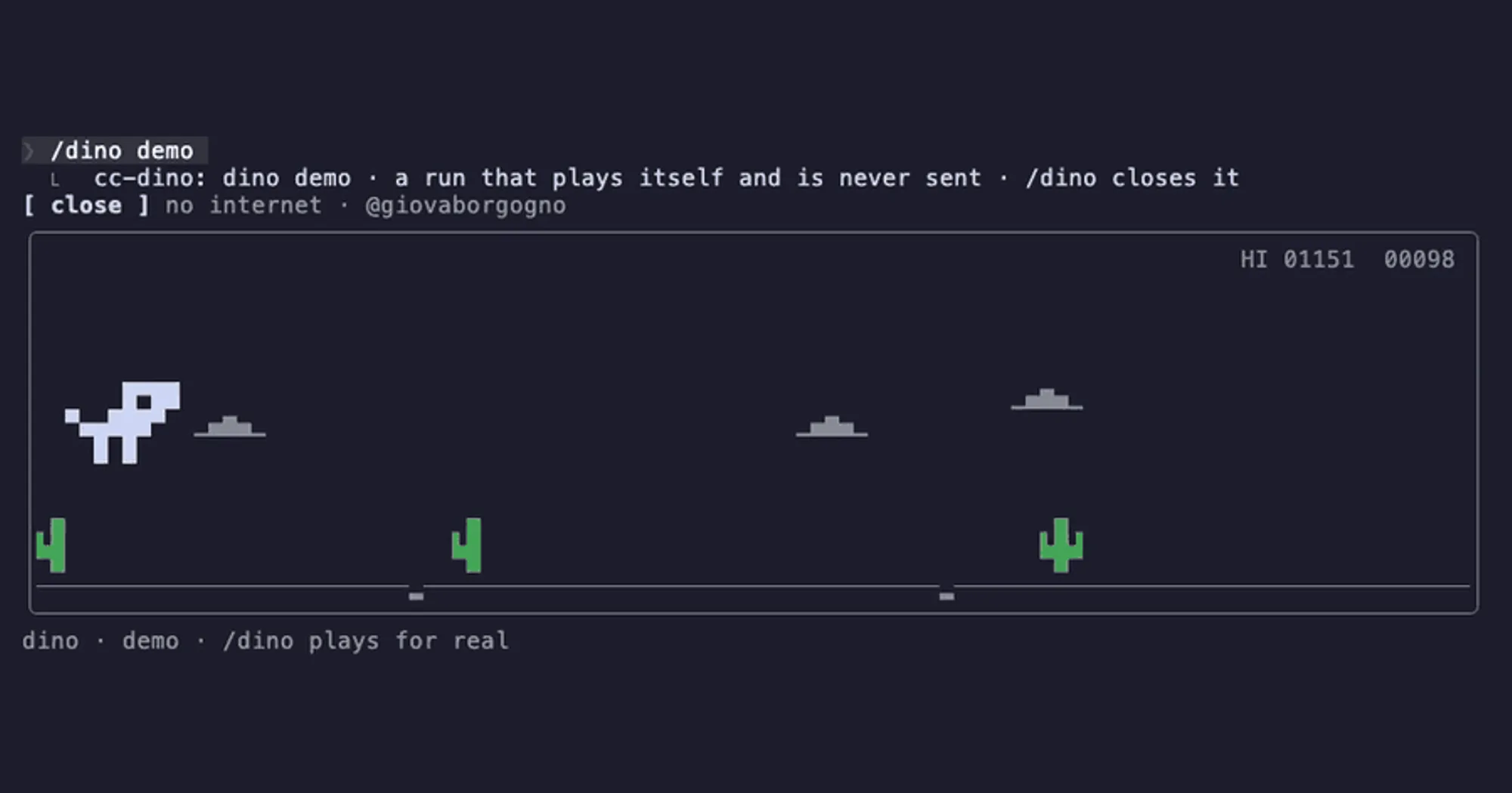 cc-dino T-rex mid-jump over a cactus above the Claude Code prompt, with the HI score in the corner