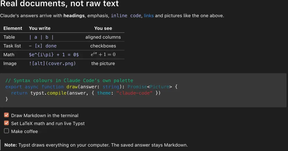 cc-intelligent-ui answer drawn by Typst: a table, a colored code block and a task list on a dark terminal
