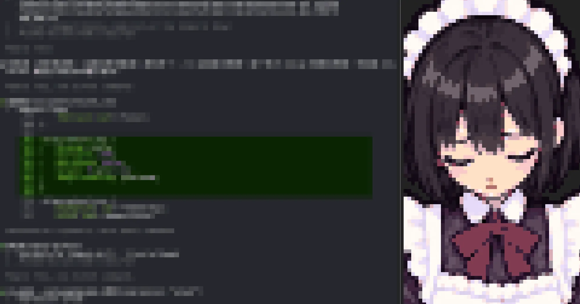 persona-panel's predecessor cc-maid: Kotone the pixel-art maid, eyes closed, in a pane beside the Claude Code transcript