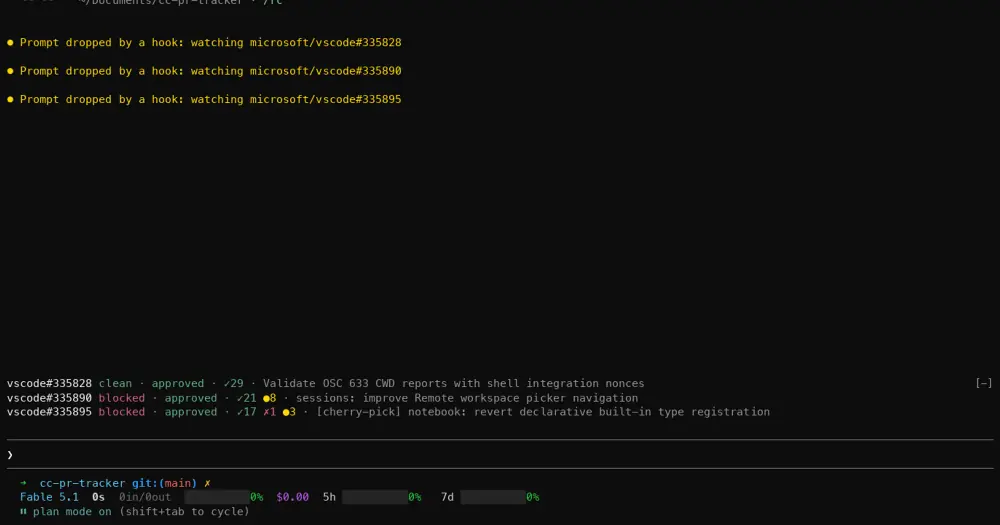 Three pull requests watched by cc-pr-tracker on separate lines above the Claude Code prompt