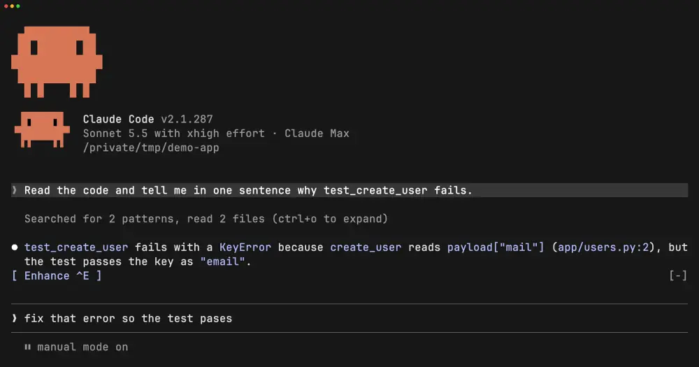 cc-prompt-enhance-mod Enhance button above the Claude Code prompt, with a vague draft about a failing test below it