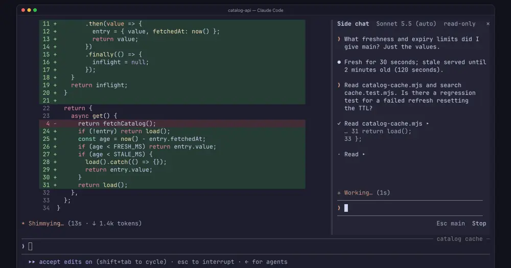 cc-side Side chat pane on the right, answering a question while the main Claude Code chat writes a diff