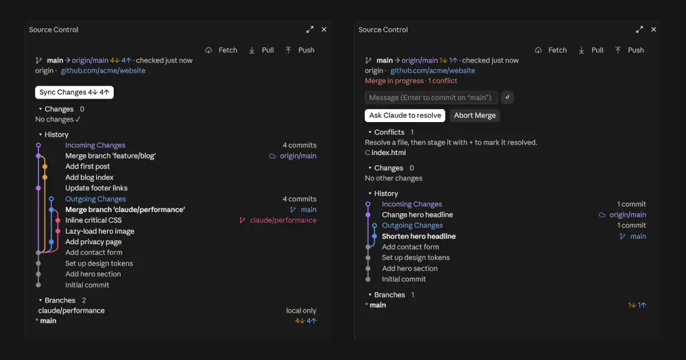 source-control panels in Claude Desktop: a history graph with incoming and outgoing commits, and a merge conflict