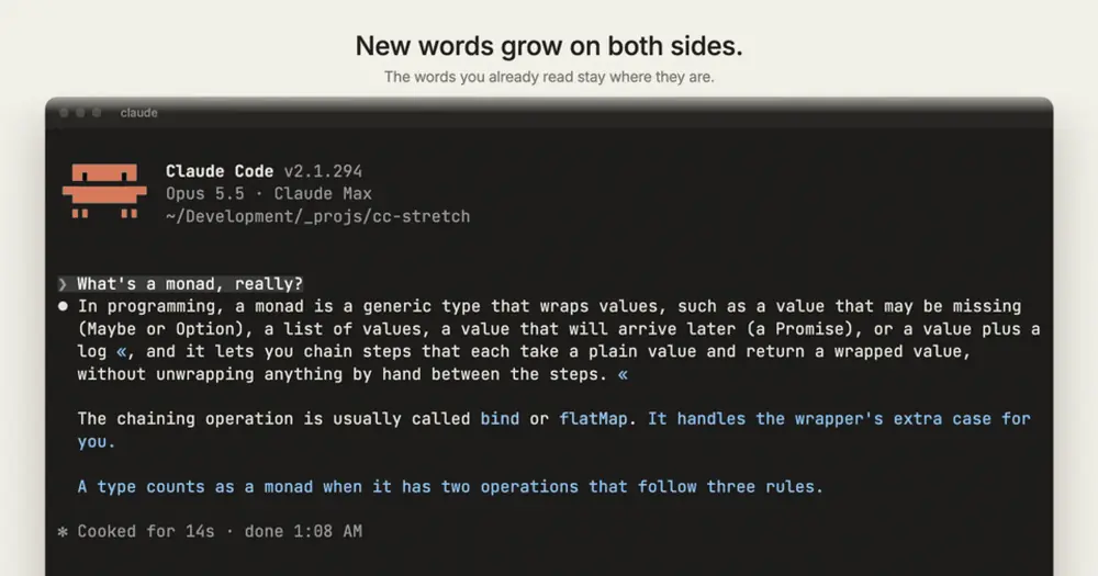 cc-stretch demo frame: a Claude Code reply on monads with its first sentence stretched open, ending in «