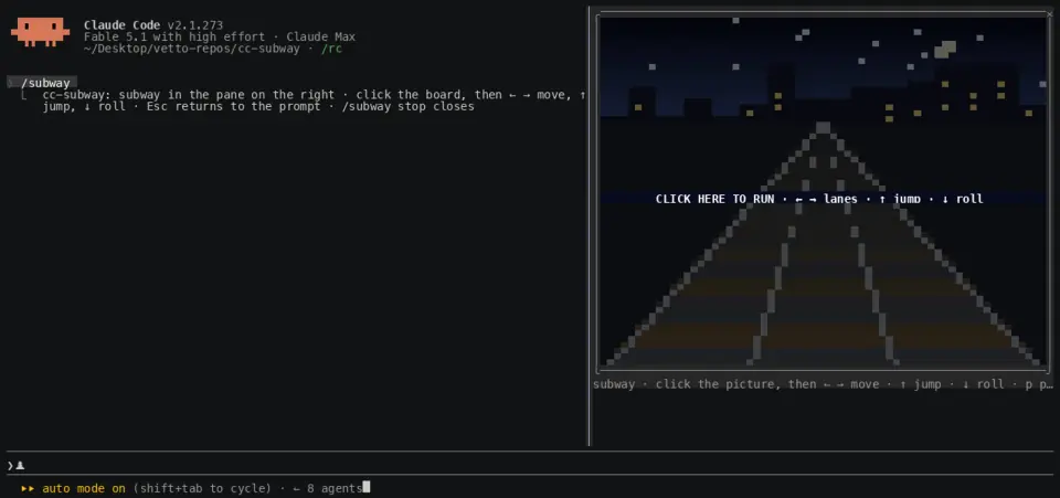 The cc-subway pane just opened: the empty track and CLICK HERE TO RUN across the middle