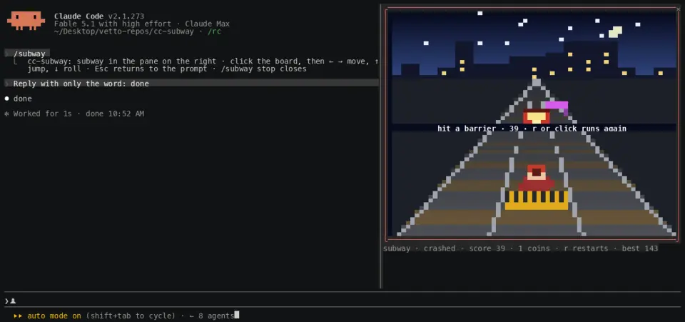 Crashed into a train in cc-subway: the frame turns red and the status line shows the score