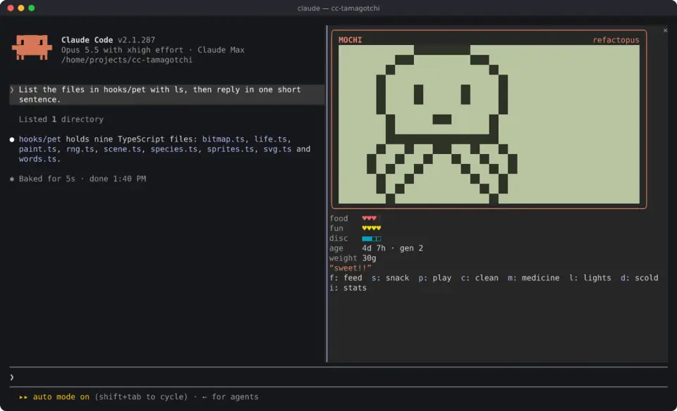 cc-tamagotchi docked beside the Claude Code transcript: pixel LCD with Mochi the Refactopus, meters and buttons