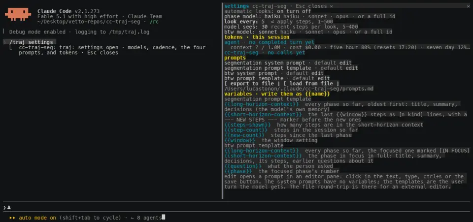 cc-traj-seg settings frame with the phase model, interval, window and btw model fields, the token counts and the four prompts