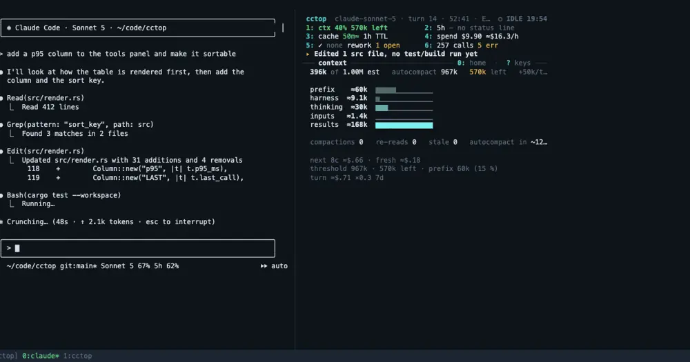 cctop Console docked beside a Claude Code transcript: six cells on top and the context body with its token bars