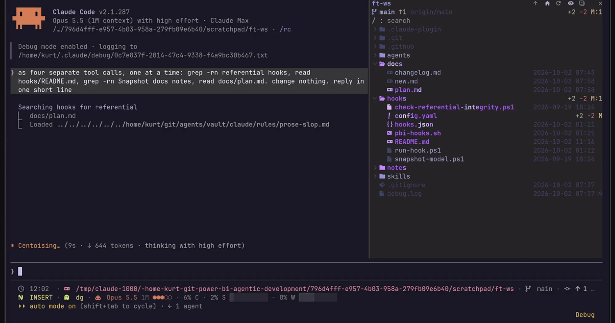 filetree beside a Claude Code session: git branch and counts on top, files Claude is searching lit purple