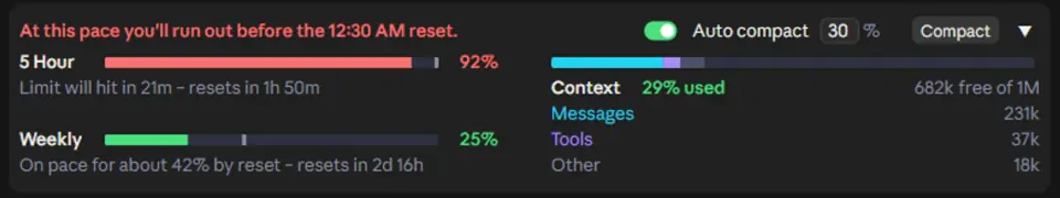 claude-code-usage-quota in the desktop app warning that the 5 Hour limit will hit in 21 minutes, before its reset