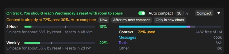 claude-code-usage-quota asking what to do with the context already at 72%, past the 30% auto compact setting