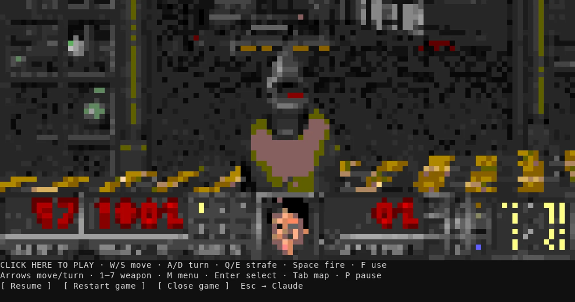 claude-doom pane in a Claude Code terminal: Freedoom in half-block pixels, status bar, control hints and game buttons