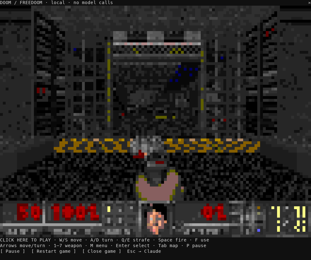 Freedoom gameplay drawn in half-block pixels inside the claude-doom pane of a Claude Code terminal