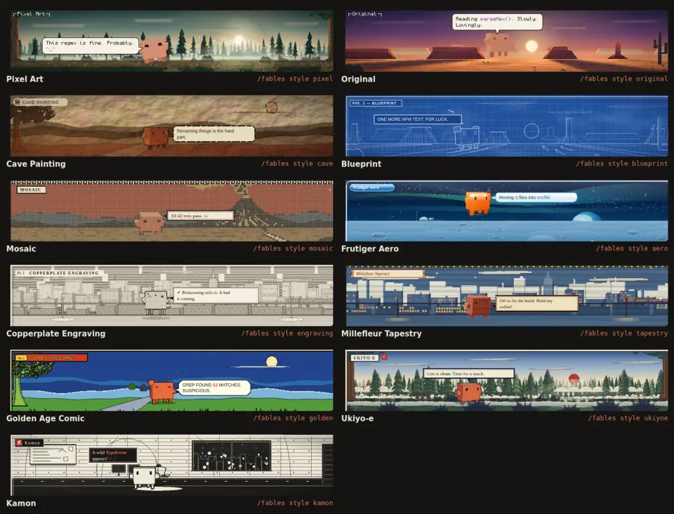 Claude Fables grid of all eleven styles, each still labelled with its /fables style command