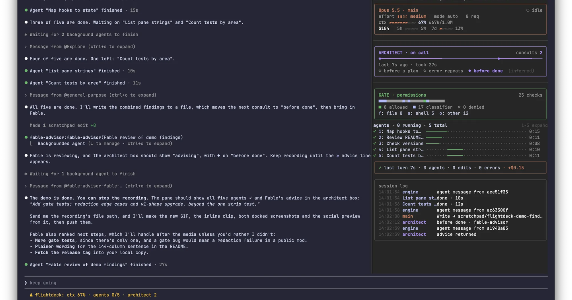 Flightdeck pane docked beside a Claude Code transcript: model vitals, architect timeline, permission gate and agent lanes