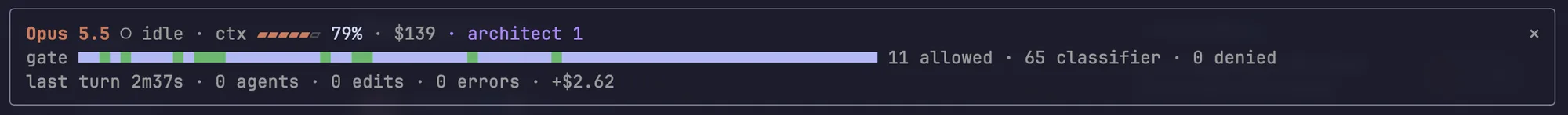 Flightdeck inline mini layout above the prompt: model, context gauge, cost, gate strip and the last turn's receipt