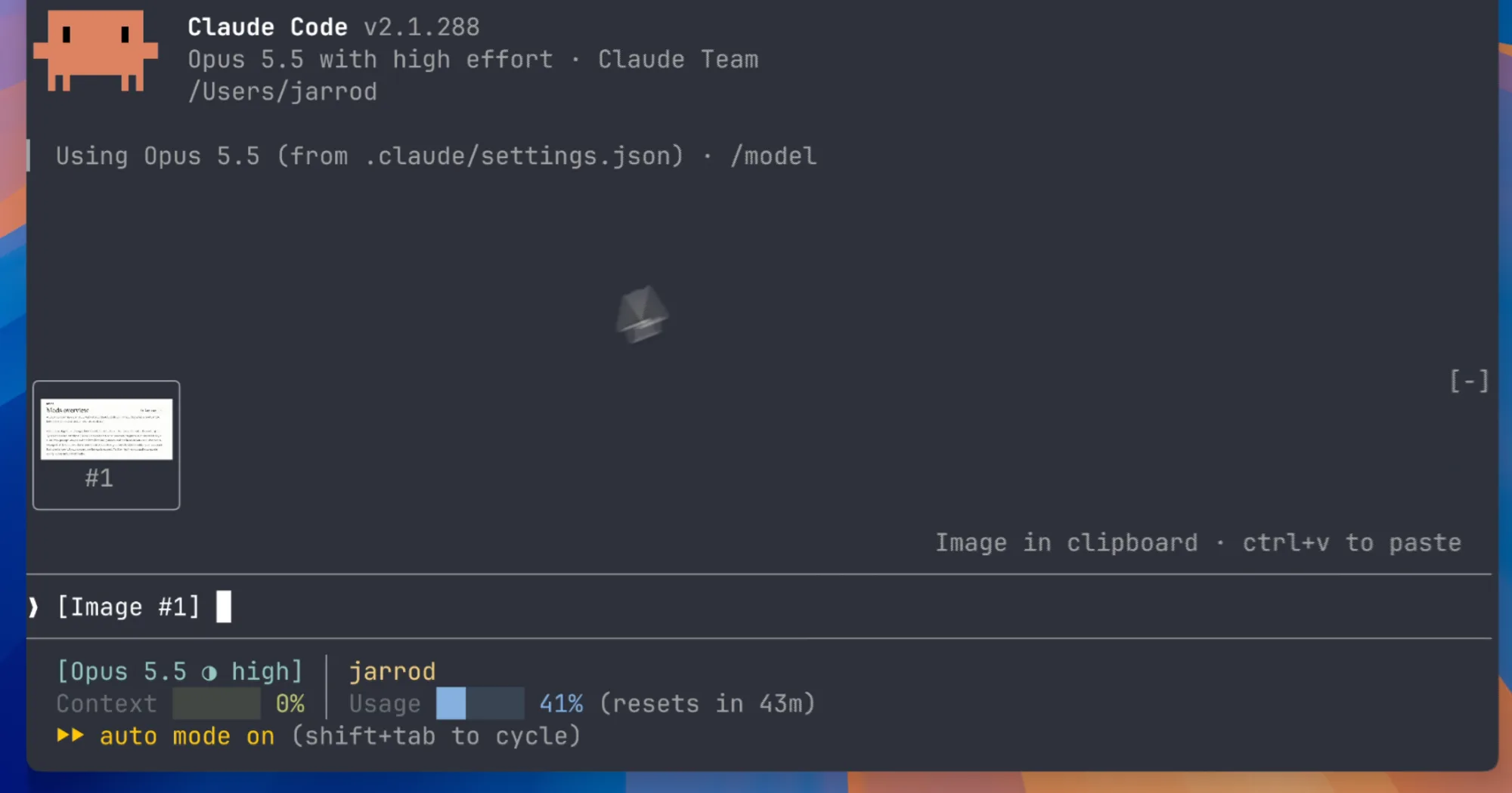image-view thumbnail of a pasted screenshot, labelled #1, above the Claude Code prompt holding an [Image #1] tag