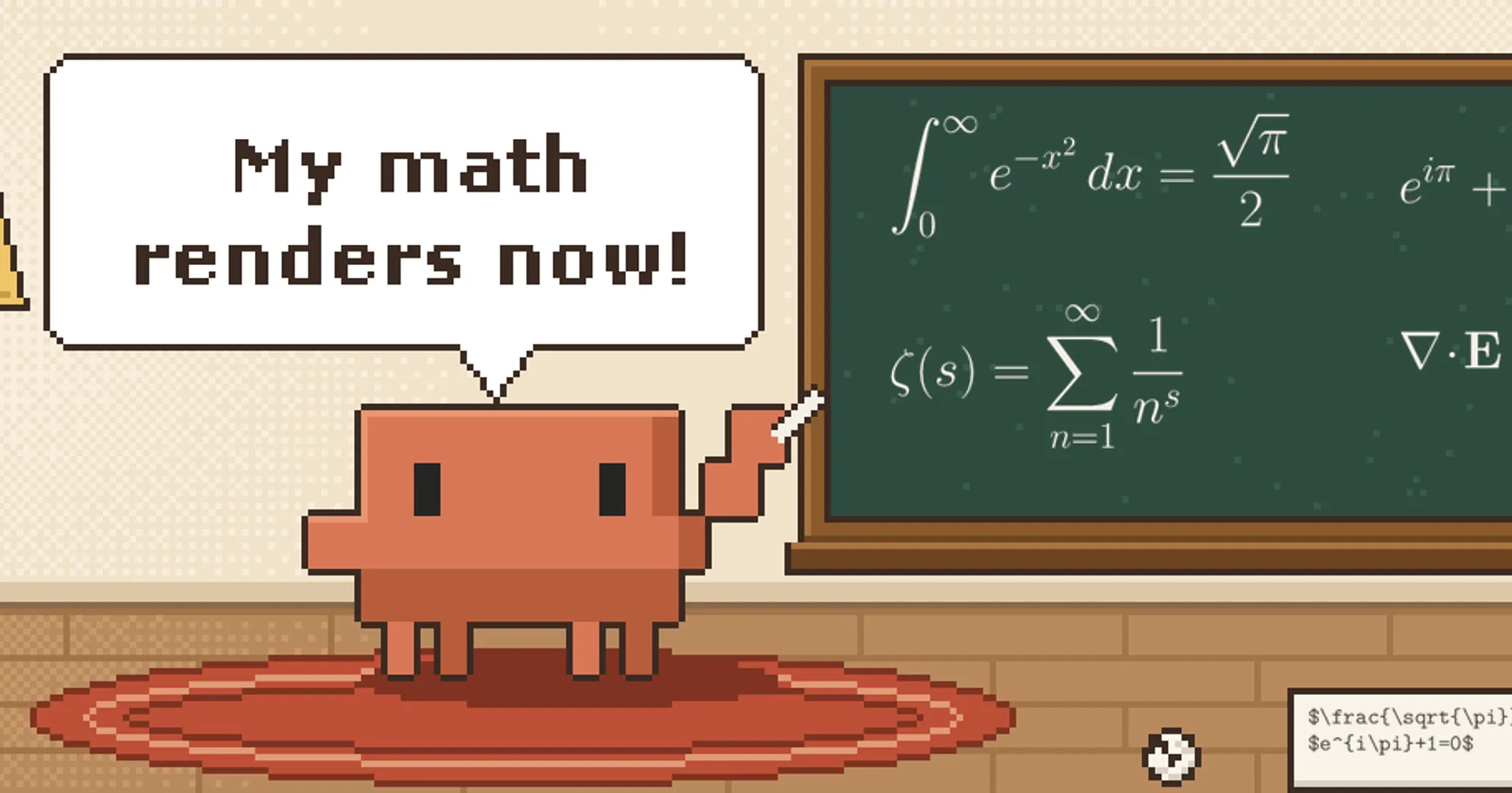 claude-latex banner: pixel-art Clawd at a chalkboard of typeset equations, saying its math renders now