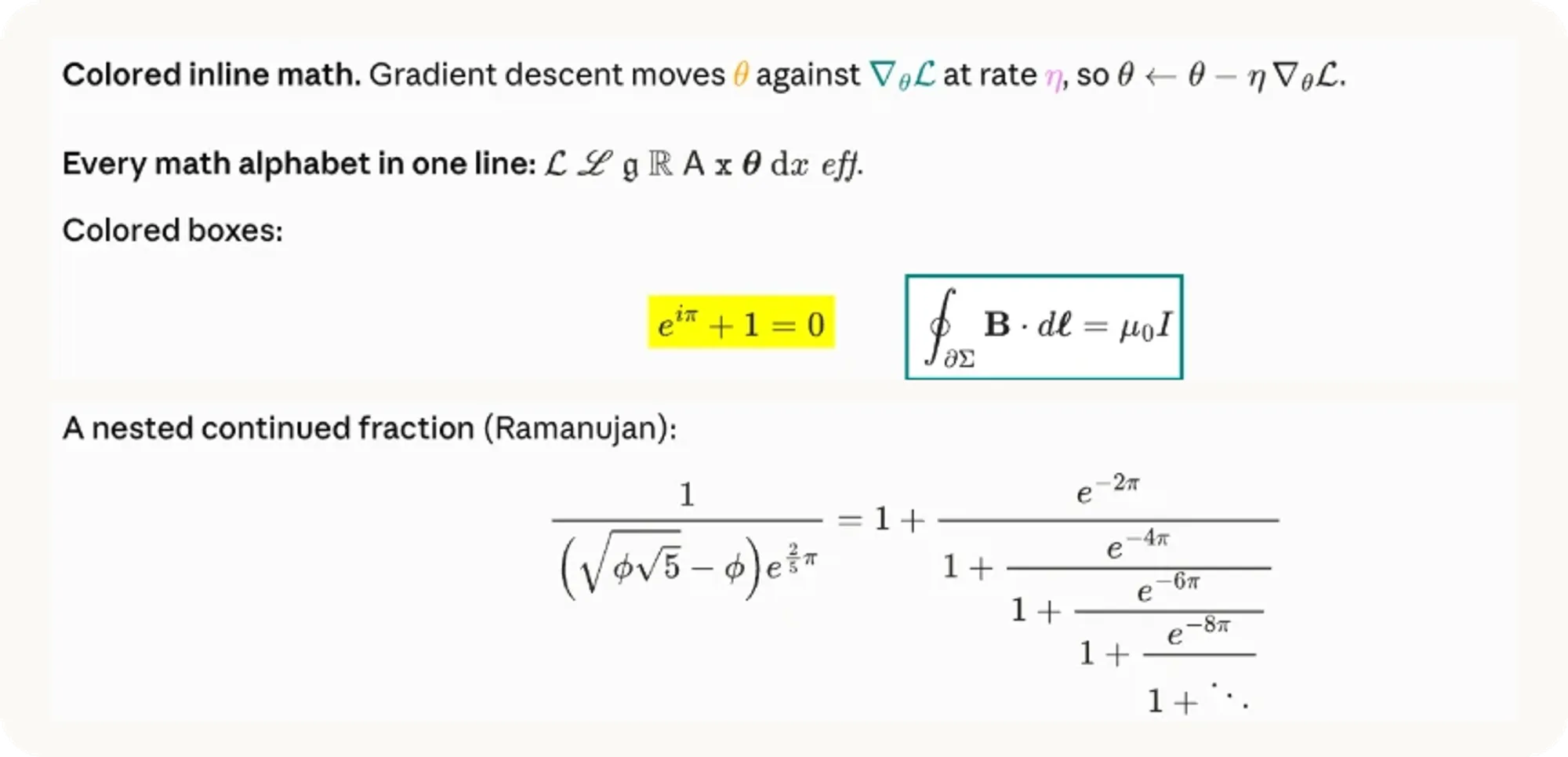 claude-latex in a Code tab reply: colored inline math, every math alphabet, colored boxes and a continued fraction