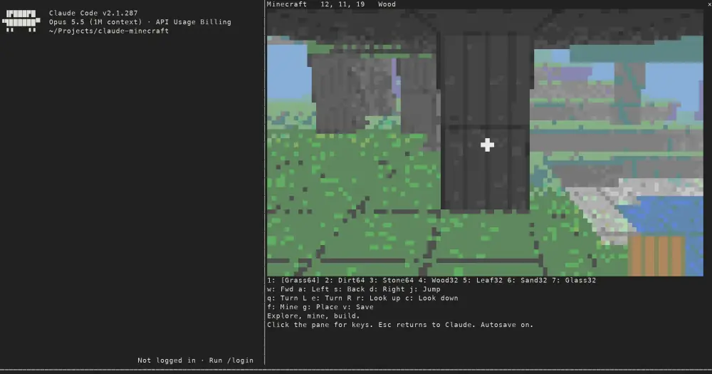claude-minecraft first-person view of grass, a tree trunk and water in a Claude Code pane, block hotbar below
