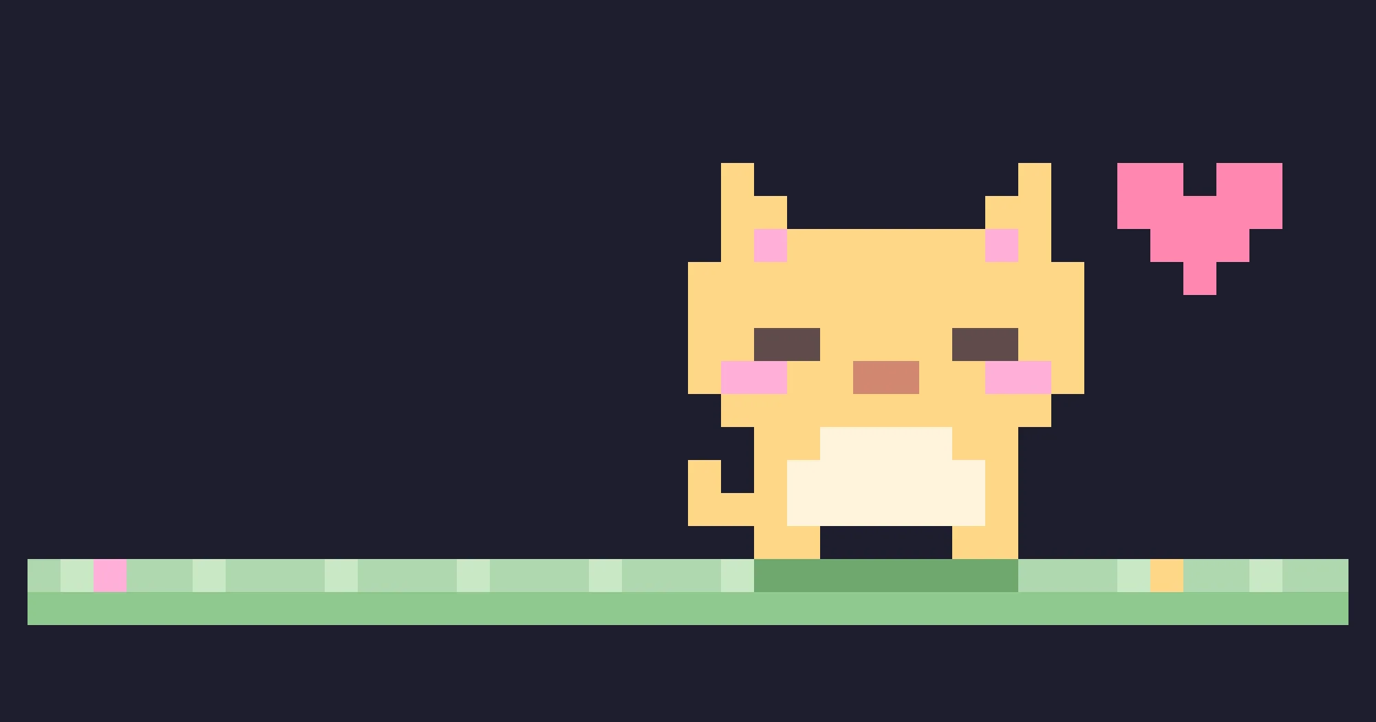 claude-pets cat being patted, eyes shut and a pink heart beside it, on a strip of pixel grass