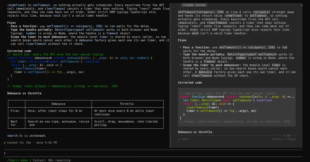 claude-review pane docked beside the Claude Code transcript, showing the latest reply in a padded reading column