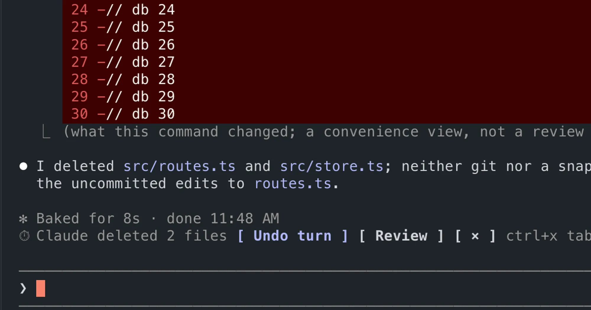 Claude Time Machine band after a turn: Claude deleted 2 files, with Undo turn and Review buttons above the prompt