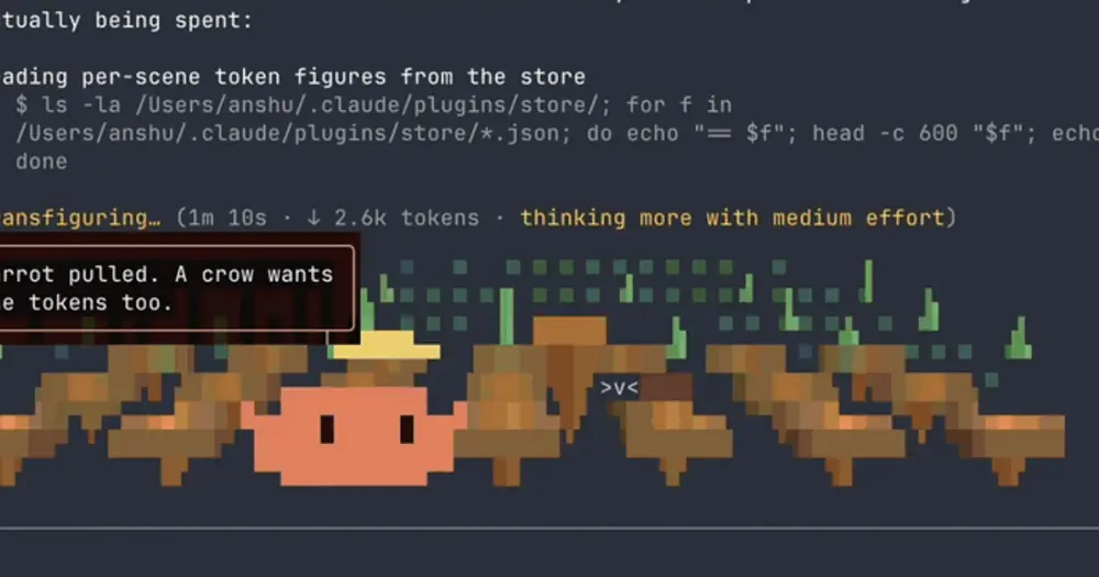 claude-toons pixel-art Clawd in a straw hat in a vegetable patch under the Claude Code spinner, a crow beside it