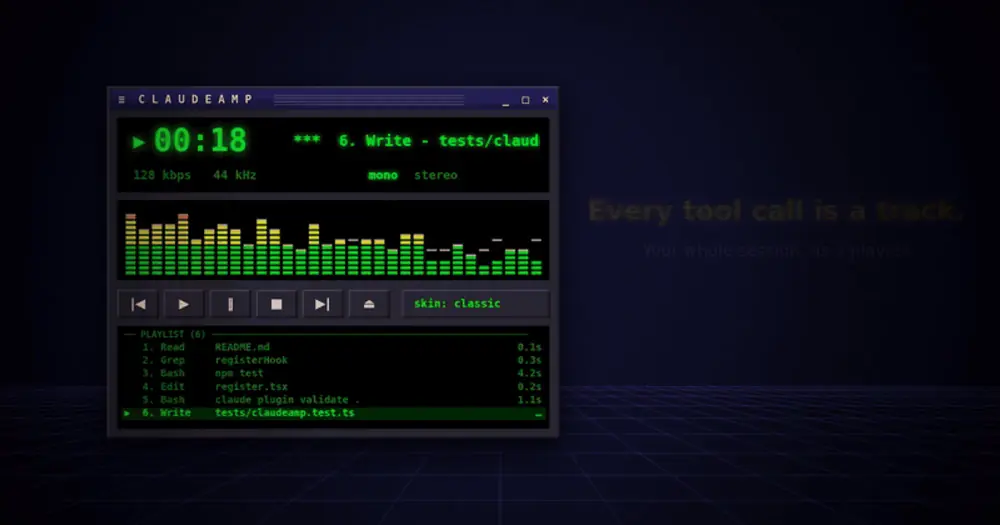 ClaudeAmp player from the author's promo: green clock at 00:18, spectrum bars and a playlist of six tool calls