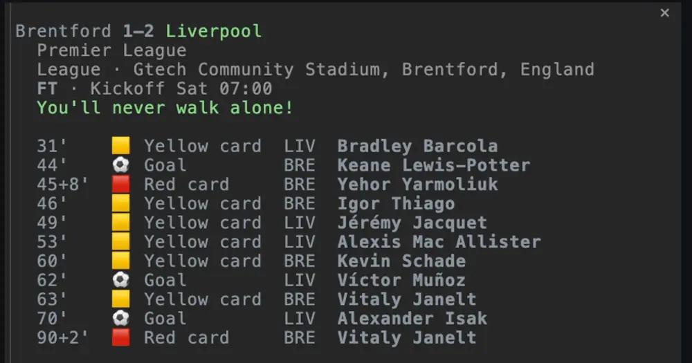 claudinho match pane in Claude Code: Brentford 1-2 Liverpool, the venue, then every goal and card with its player