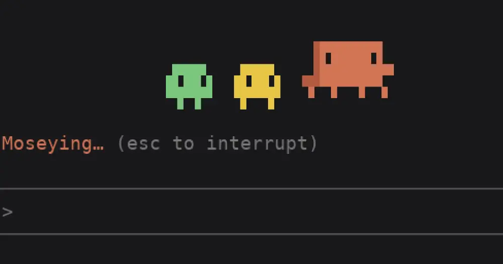 clawd-actor's Clawd strolling above the Claude Code prompt with two little Clawds behind it, spinner reading Moseying
