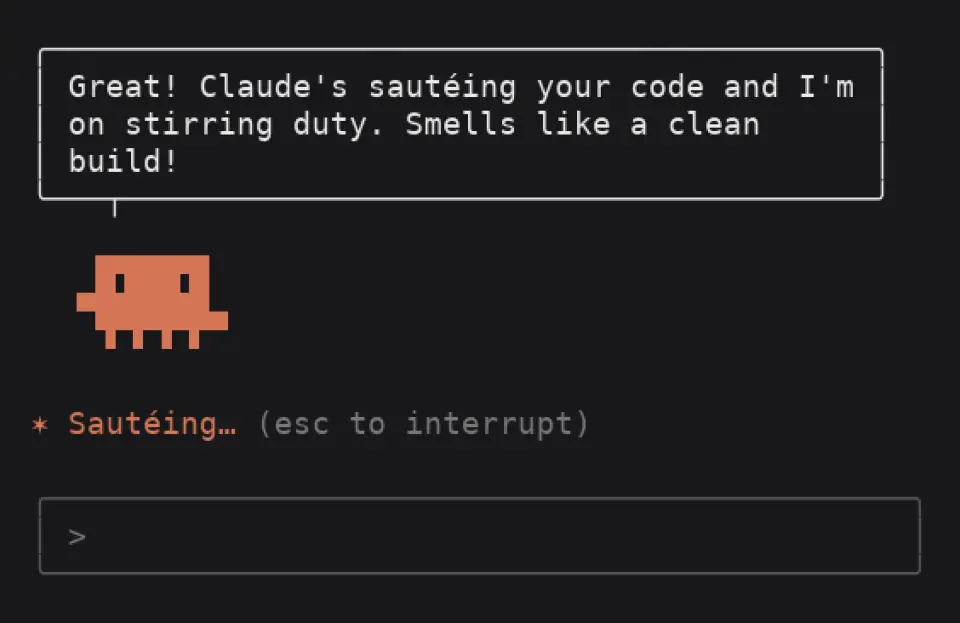 clawd-actor speech bubble over Clawd answering a /clawd message mid-turn while the spinner reads Sautéing