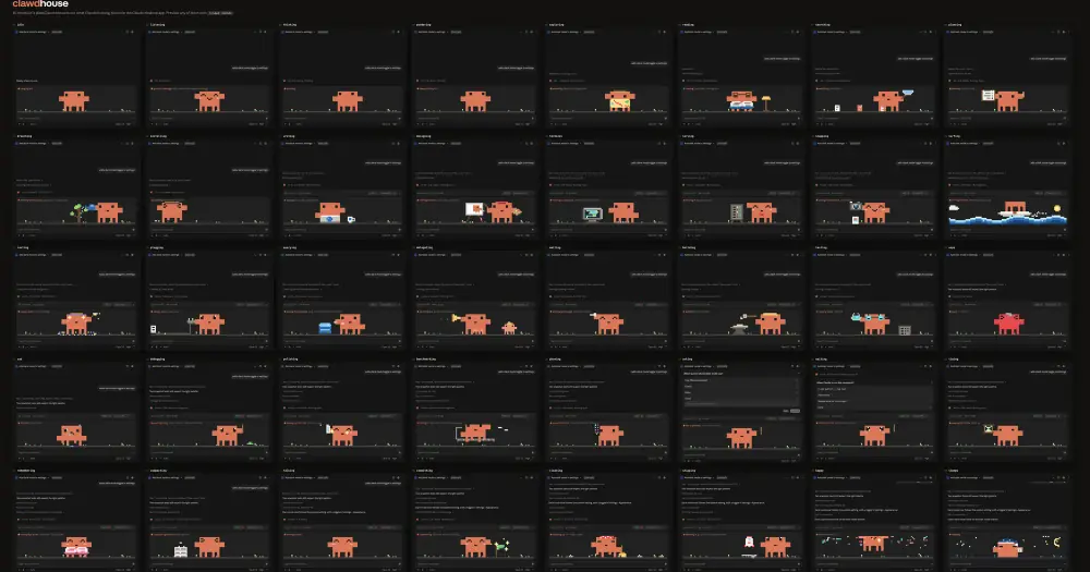 clawdhouse grid of 40 pixel Clawd moods, each above the prompt in the Claude desktop app