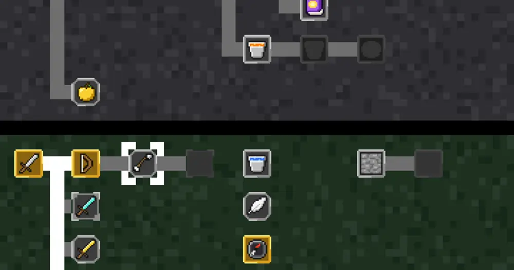 CodeCraft advancements screen: pixel-art icons in gold and stone frames joined by lines on two tab grounds