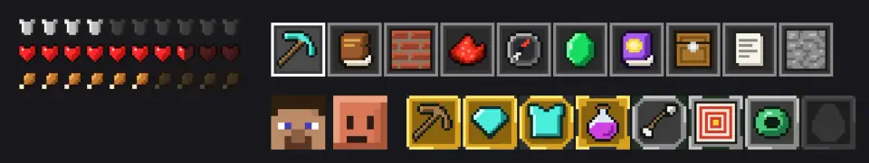 CodeCraft sprite sheet: armor, heart and food rows, ten hotbar items, two pixel heads and advancement frames