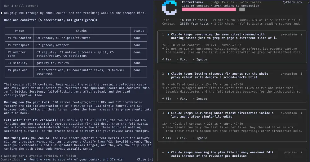 ContextSaver pane docked beside a Claude Code transcript, listing four waste cards with Fix, Fix… and Ignore buttons