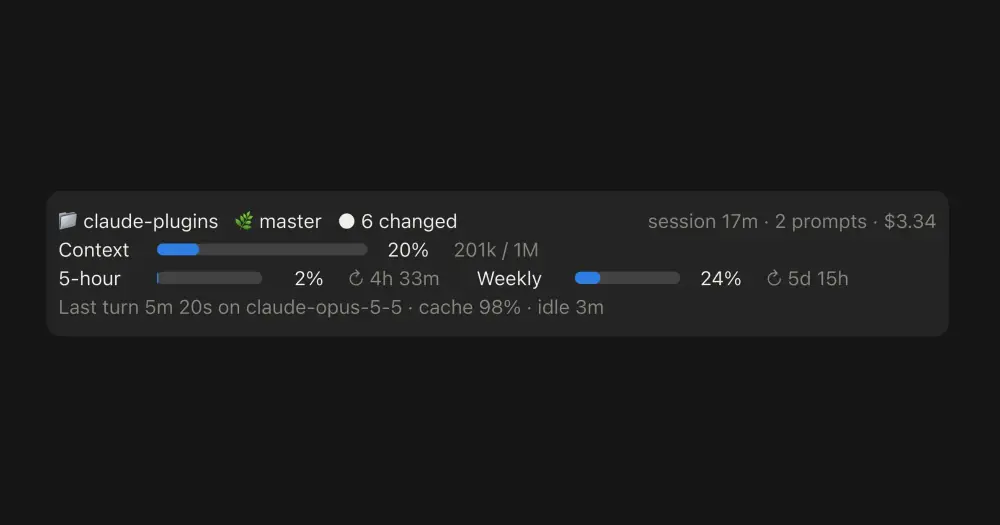 desktop-statusline band with folder, branch, session cost, a context meter and 5-hour and weekly limit meters