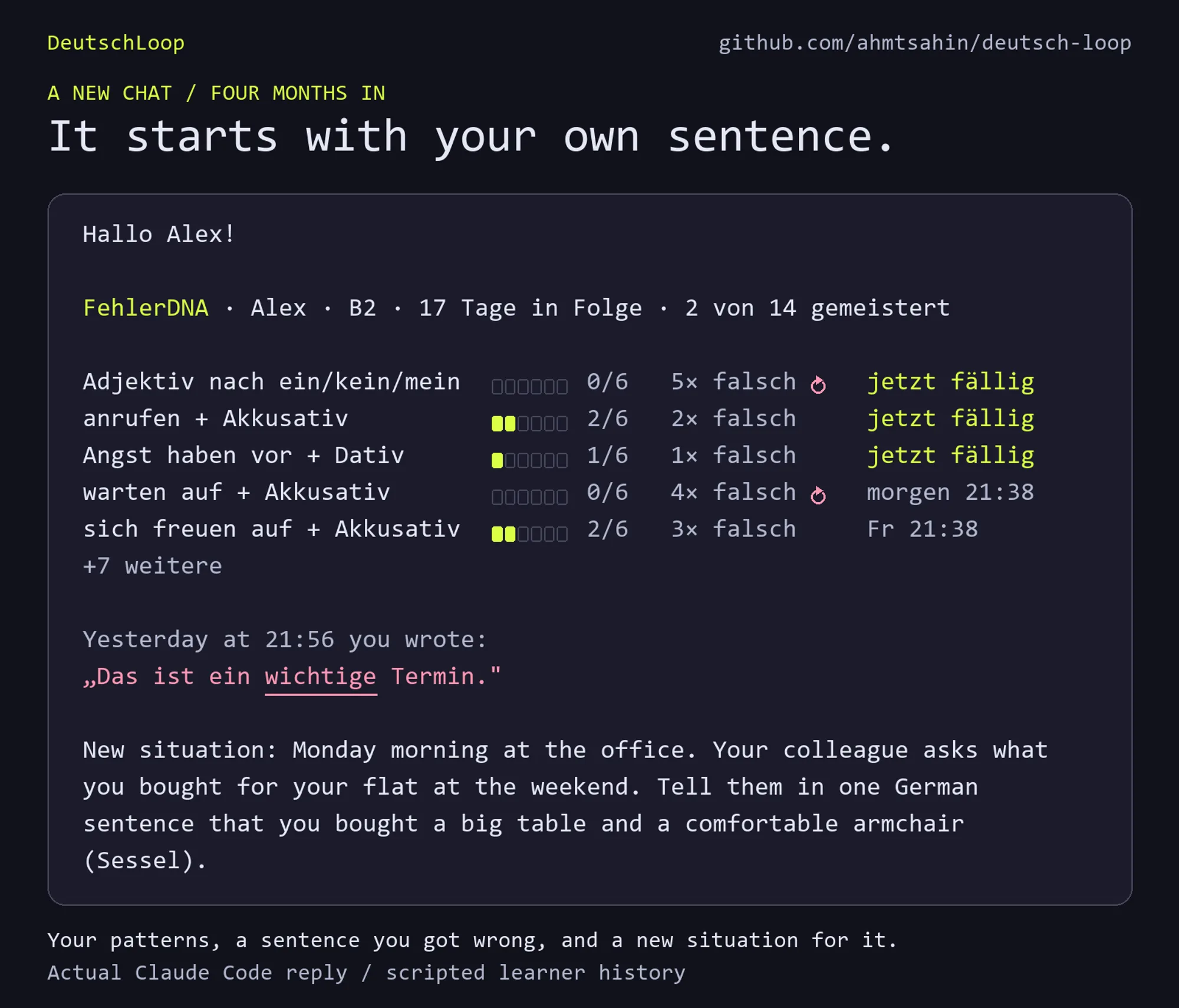 DeutschLoop tutor opening a new Claude Code chat with the FehlerDNA board, yesterday's wrong sentence and a new task